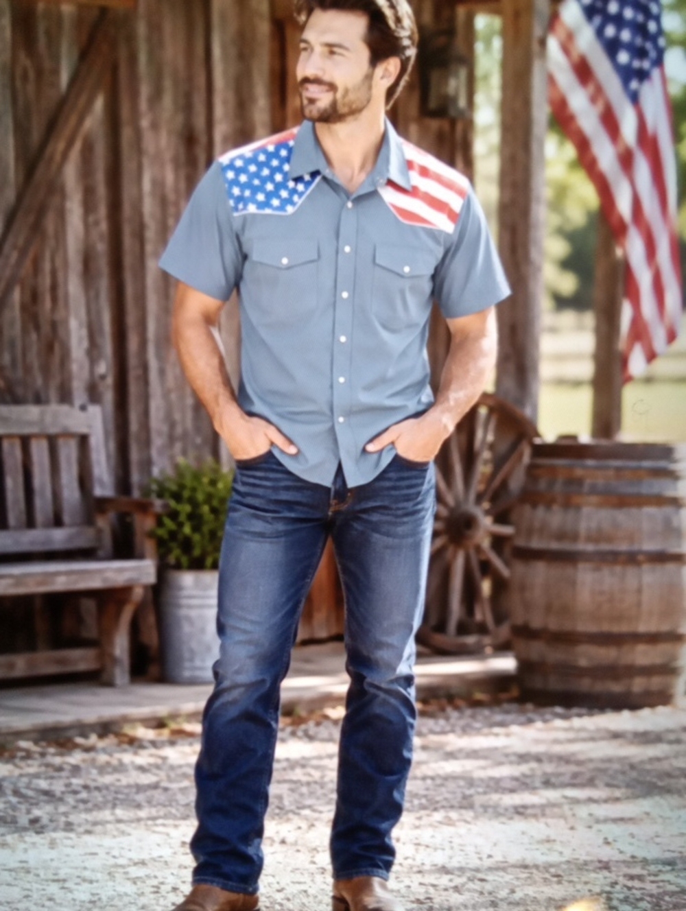 RSVLTS Men's Slate Blue Western Shirt with American Flag Yoke Short Sleeve M